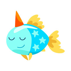 Lovely fish wearing party hat, cute little sea creature character, marine theme design element can be used for kids party invitation, greeting card vector Illustration