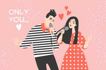 Vector Valentines day Illustration with young couple singing a love song