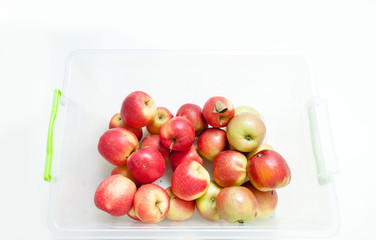 Red ripe apples lie in white container. View from above