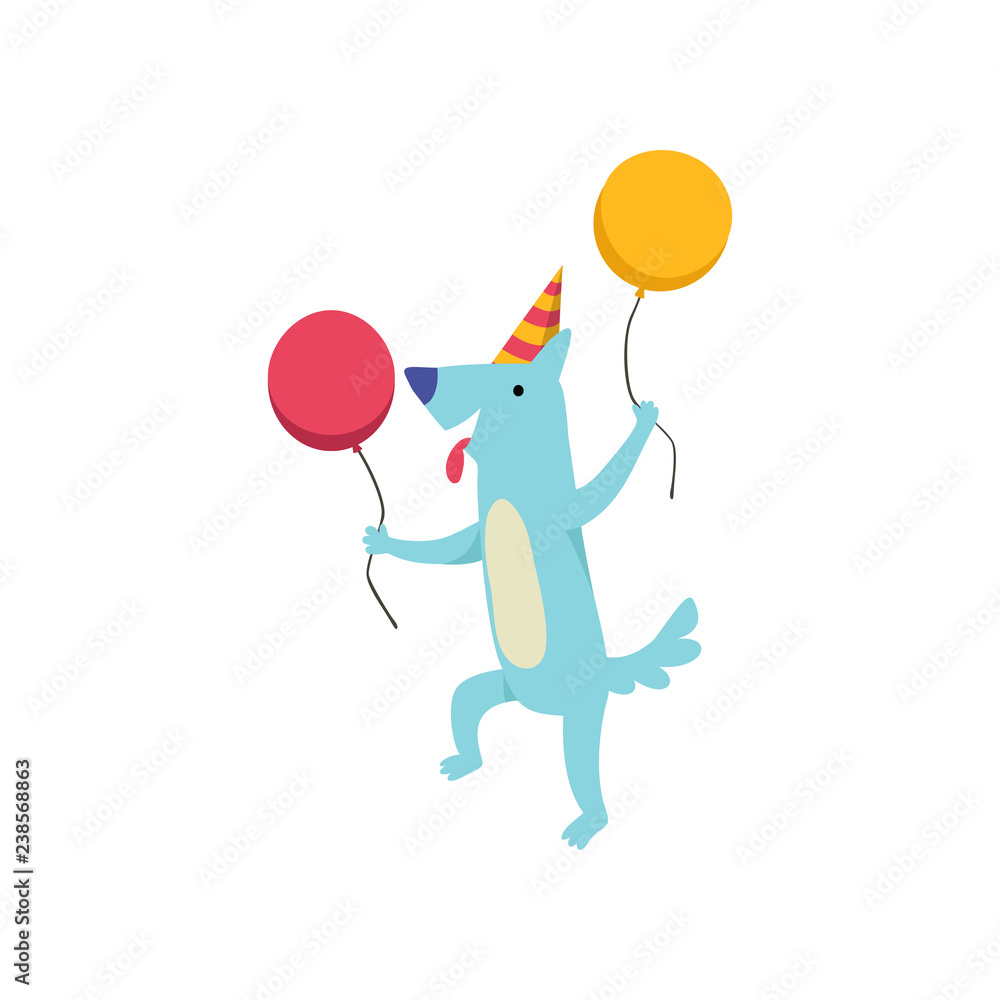 Sticker Cute dog in party hat with colorful balloons, funny cartoon animal character at birthday party vector Illustration