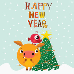Vector Christmas card with the symbol of 2019 - Yellow Pig. Greeting card of New Year. Vector illustration EPS 10