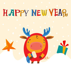 Vector Christmas card with the symbol of 2019 - Yellow Pig. Greeting card of New Year. Vector illustration EPS 10