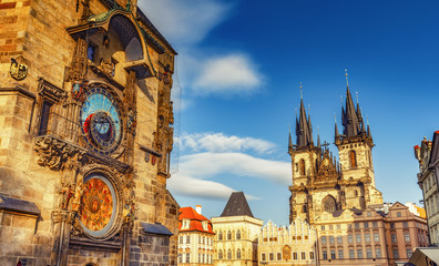 Scenic view on Tyn church and old town hall tower in Prague, Czech republic. Beautiful travel background.
