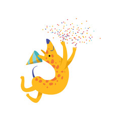 Cute happy dog having fun with confetti, funny cartoon animal character at birthday party vector Illustration