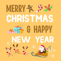 Merry Christmas lettering with gifts and Santa Claus in sleigh. Christmas greeting card. Handwritten text, calligraphy. For leaflets, brochures, invitations, posters or banners.