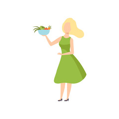 Young beautiful woman holding a bowl of vegetables, healthy eating, diet, organic vegan food vector Illustration