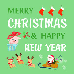 Merry Christmas lettering, Santa Claus in sleigh, reindeers and piglet. Christmas greeting card. Handwritten text, calligraphy. For leaflets, brochures, invitations, posters or banners.