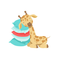 Cute little giraffe sleeping on a stack of pillows, funny jungle animal cartoon character vector Illustration on a white background
