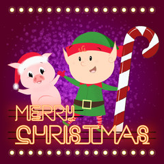 Merry Christmas neon lettering with elf and pig. Christmas greeting card. Typed text, calligraphy. For leaflets, brochures, invitations, posters or banners.