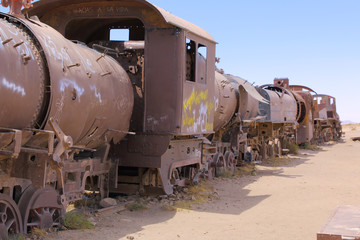 Fototapeta na wymiar Rusty old steam train in the Train Cemetery, in Uyuni, Bolivia