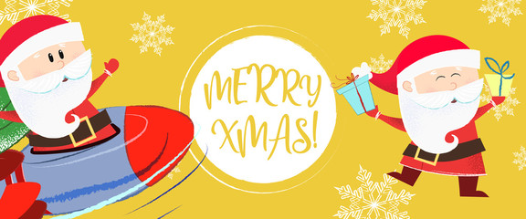 Merry Xmas lettering and cute Santa Clauses. Christmas greeting card. Typed text, calligraphy. For leaflets, brochures, invitations, posters or banners.