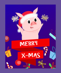 Merry X-mas lettering and pig with Bengal lights. Christmas greeting card. Typed text, calligraphy. For leaflets, brochures, invitations, posters or banners.