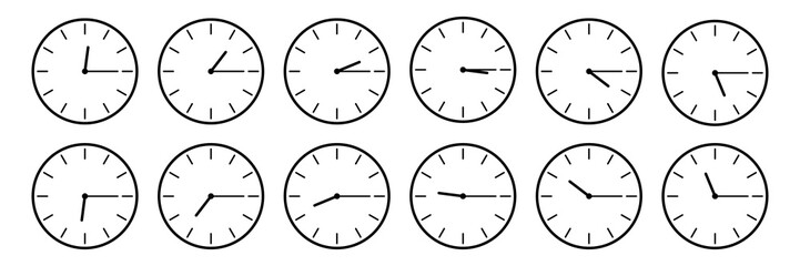 horizontal set of analog clock icon notifying each quarter 15 minutes isolated on white,vector illustration