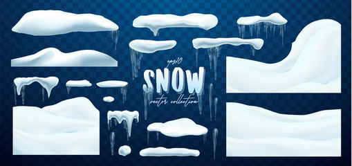 Vector collection of snow caps, pile, icicles, isolated on background, transparent, ice, snowball and snowdrift. 3d Winter decorations, Christmas, snow texture, white elements, holiday design.