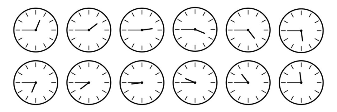 horizontal set of analog clock icon notifying each quarter 45 minutes isolated on white,vector illustration