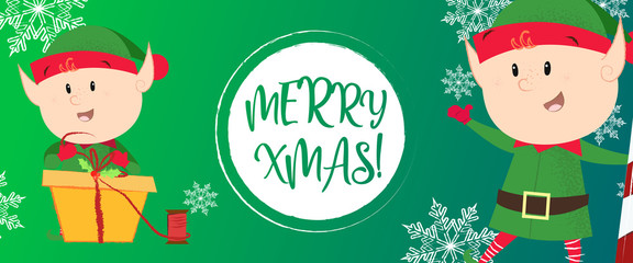 Merry Xmas lettering in circle with smiling elfs. Christmas greeting card. Typed text, calligraphy. For leaflets, brochures, invitations, posters or banners.