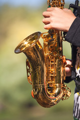 close up of saxophone, young player hands playing soprano sax musical instrument over green...