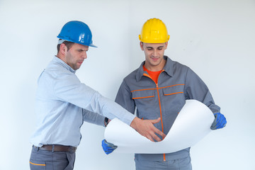 Two engineeers arguing about their project on white background, isolated
