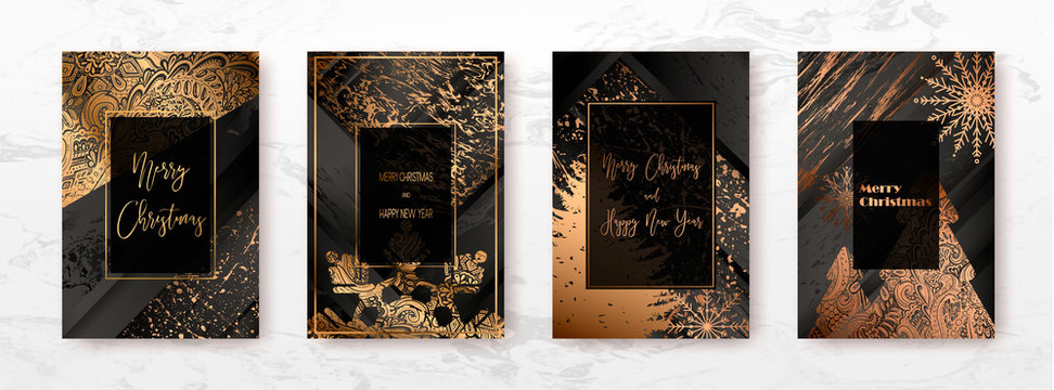 Merry Christmas and Happy New Year 2019 golden cards, vector illustration. Luxury gold design, greeting holiday banner, gift template, invitation...