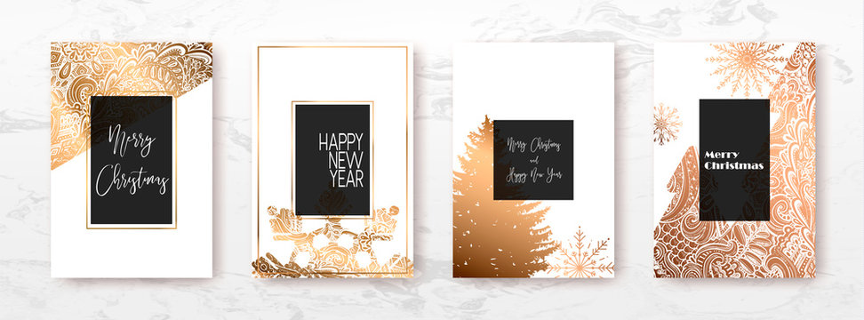 Merry Christmas and Happy New Year 2019 golden cards, vector illustration. Luxury gold design, greeting holiday banner, gift template, invitation...
