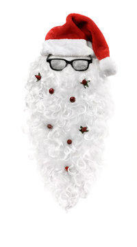 The image of Santa Claus on a white background, the beard is decorated with berries, black glasses, a red hat.