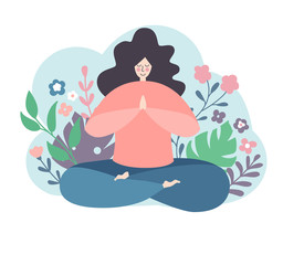 Modern flat vector illustration of a meditating woman in the lotus position. Lovely smiling female character. Oversized girl with doodle flowers isolated on white. Yoga and meditation concept. - Vecto