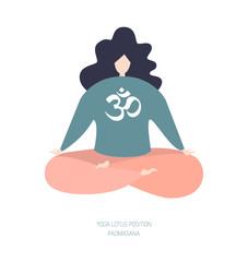 Vector illustration of a woman in the yoga lotus position with a buddhist religious sign Om. Modern flat character sitting, relaxing, and meditaing. Cute oversized girl isolated on white. - Vector 