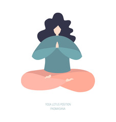 Vector illustration of a meditating woman in the yoga lotus position. Modern bright flat character sitting and relaxing. Cute oversized girl in pastel blue, pink and orange colors isolated on white. -