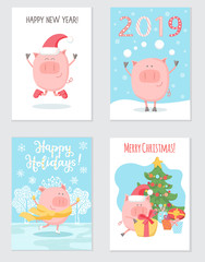Lovely set of greeting cards with the symbol of the Chinese New Year Pig 2019. Cute doodle flat character for Christmas print design in different poses and various situations. - Vector 