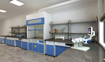 Interno architettonico, laboratorio di analisi biochimiche con attrezzature senza persone, illustrazione 3d