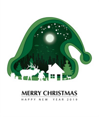 Merry Christmas and Happy New Year. Vector illustration of winter season ,paper art and digital craft style.