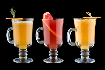 Set of warming drinks on dark background. Sbiten. Russian traditional cuisine.