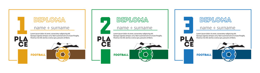 Template Design of Certificate and Diploma for Sport Football for First, Second and Third Place. Vector Illustration.