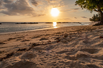 Sonnenuntergang auf Mauritius am Sandstrand