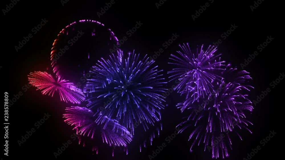 Poster multiple volleys of fireworks isolated on black background. 3d animation 3d render close up view. mu