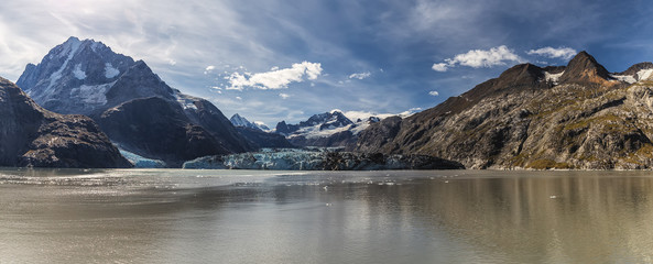 Panoramic view of Johns Hopkins glacier in Glacier Bay national park, Alaska, USA