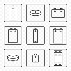 Set of contour battery icons. Vector on transparent background. Each icon in a separate frame