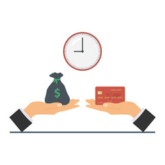 Credit card purchase and payment concept. Debt repayment, repayment of a debt, credit card debt. Loan repayment, return of funds to the card. Vector illustration.