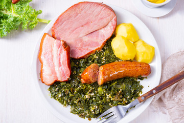 a delicious genuine oldenburger kale with peeked pinkel sausage