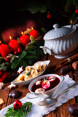 Christmas beetroot soup- borscht with small dumplings