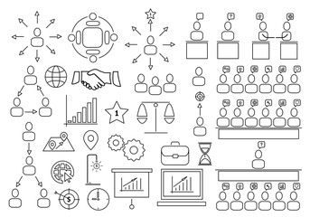 Business icons set,Collection solution outline icons include icons such as point of service, Icons for business, management, finance,  strategy, marketing,target, puzzle, light bulb, lamp, tactics, id