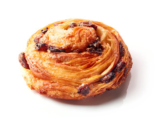 Sweet bun with raisins isolated on white