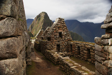 Machu pichu ruins in front of mountain