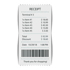 The concept of receiving a check about payment in the store. Receipt from the store, Receipt icon, paper receipt. Vector illustration.