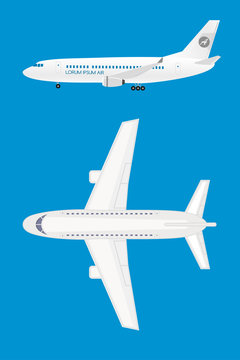 White Airplane top view and profile view,isolated on blue background,
