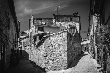 Valldemossa, Mallorca, Balearic Islands, Spain - July 21, 2013: View of the narrow streets of...