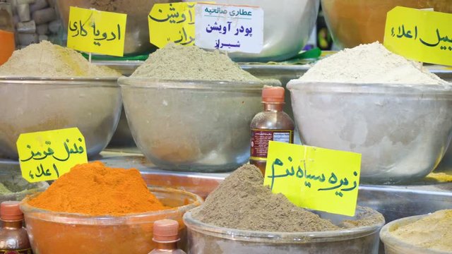 Wide range of spices at Tajrish Bazaar of Tehran, Iran