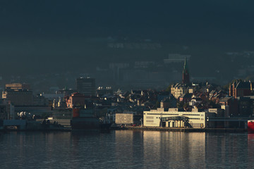 City on bank of gulf early in morning. Bergen, Norway