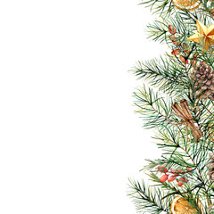 Watercolor winter floral card with fir branch and decor. Hand painted garland with berries, cinnamon, orange, pine cone isolated on white background. Holiday Christmas border for design, print. 