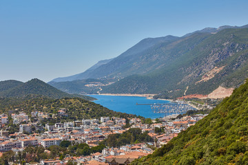 Naklejka na ściany i meble Aerial view of popular resort city Kas in Turkey, Turkish Riviera also known as Turquoise Coast